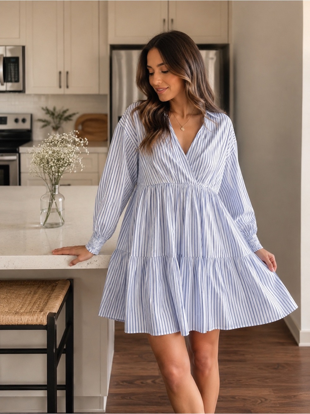 Zara Striped V-Neck Tiered Mini Dress in Light Blue and White. Size small